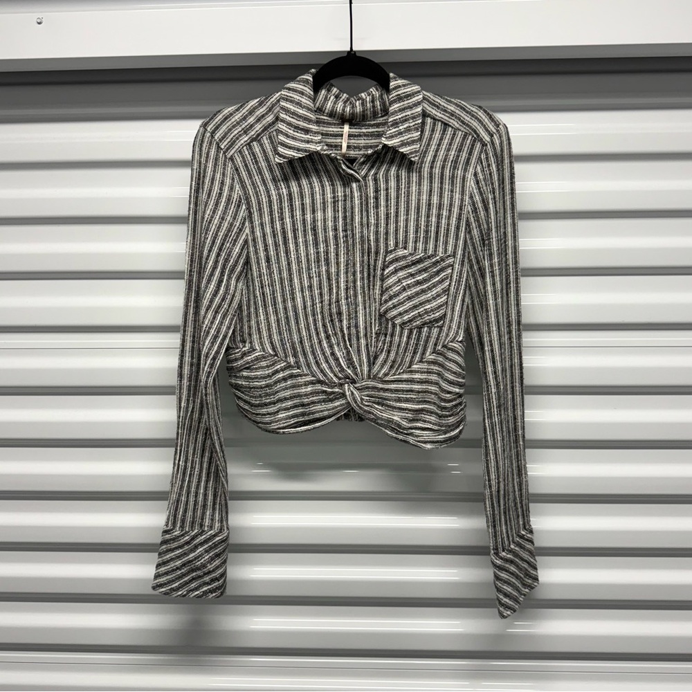 Free People Striped Overlap Front Cropped Long Sleeve Top